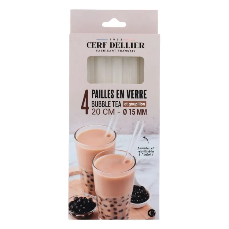 Cerf Dellier 4 pailles en verre bubble tea et goupillon 20 cm - Ø 15 mm