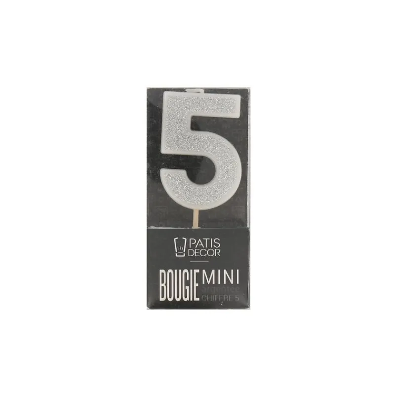 Cerf Dellier Bougie argentée pailletée chiffre 5