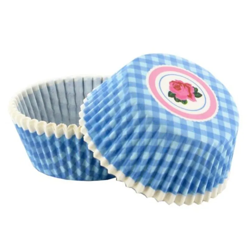 Cerf Dellier Caissettes cupcakes "Vichy bleu, décor rose" (x50)