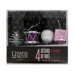 Cerf Dellier Décors de Noël assortis rose argent sur pique (x4)
