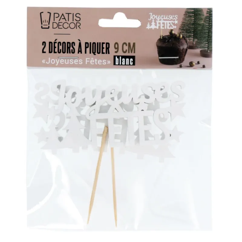 Cerf Dellier Décors sur pique "Joyeuses Fêtes" blancs (x2)
