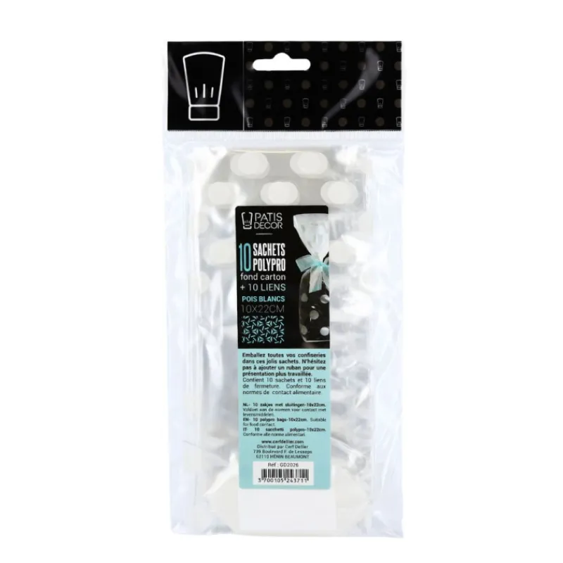 Cerf Dellier Lot sachets pois blancs + liens - 10 x 22 cm (x10)