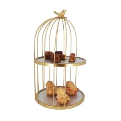 Cerf Dellier Présentoir cage à oiseaux doré 2 étages Patisdécor 25 cm